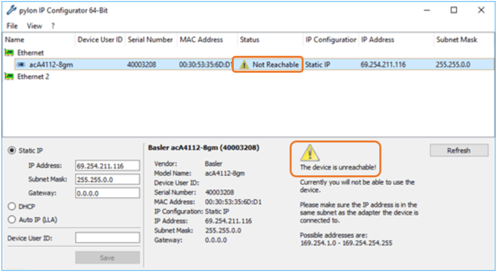 Noldus Knowledge Base Check network settings for a Basler camera